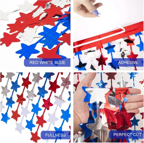 Miniatura 3 de LOLStar Decoraciones del 4 de julio, paquete de 3 cortinas de flecos de papel de aluminio de oropel de estrellas rojas, blancas y azules, 4