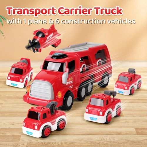 Miniatura 7 de MindPal Camión de Bomberos de Juguete para Niños Pequeños de 3 4 5 6 7 Años, Set de Vehículo Transportador de Camión de Bomberos 8-en-1 para Niños
