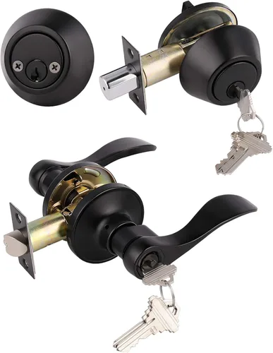Miniatura 11 de Gobrico Juego de cerradura de palanca de puerta delantera/exterior con cerrojo de doble cilindro con llave similar, acabado de níquel satinado