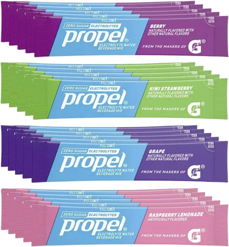 Propel - Paquetes de polvo, paquete variado de 4 sabores con electrolitos, vitaminas y sin azúcar, (By Gsuila) (paquete de 20)