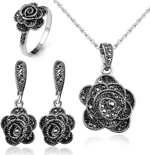 Miniatura 8 de Anillo de declaración de flores de diamantes de imitación negro vintage para mujer