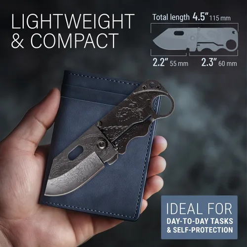 Miniatura 2 de Cuchillo de bolsillo Grand Way - 6 cm de hoja plegable afilada con clip para dinero - Cuchillo pequeño único con hoja de dragón grabada - Soporte