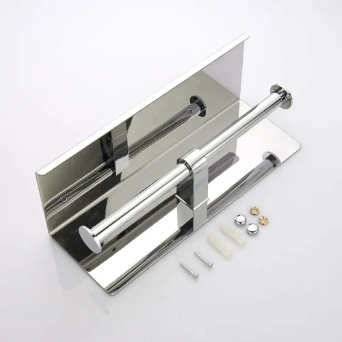 Miniatura 3 de BGL Portarrollos de papel higiénico de acero inoxidable con estante montado en la pared para baño (plateado, doble cabeza)