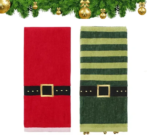 Toallas de mano de baño, juego de 2, con Papá Noel rojo y elfo verde, diseño decorativo, 25 x 16 pulgadas, decoración de baño para las vacaciones