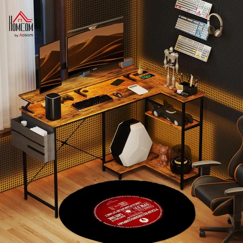 Miniatura 2 de HOMCOM Escritorio para juegos en forma de L de 58 pulgadas con tomas de corriente y luces LED, escritorio reversible para computadora con soporte