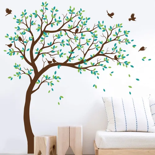 Miniatura 8 de Calcomanías de pared para árbol grande, calcomanías de árbol inclinado con pájaros, mural de vinilo decorativo KW032