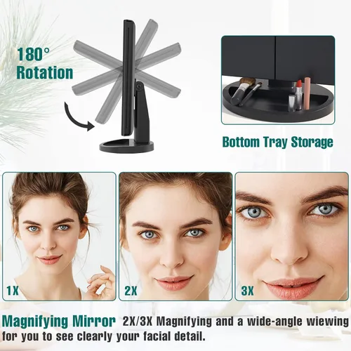 Miniatura 3 de FASCINATE Espejo de maquillaje iluminado, 21 luces LED brillantes, espejo de tocador tríptico LED con aumento 3x/2x/1x, control táctil de brillo