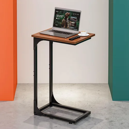 Miniatura 14 de Mesa auxiliar en forma de C para sofá, soporte de café pequeño, bandeja de sofá con marco de metal, parte superior de madera impermeable resistente