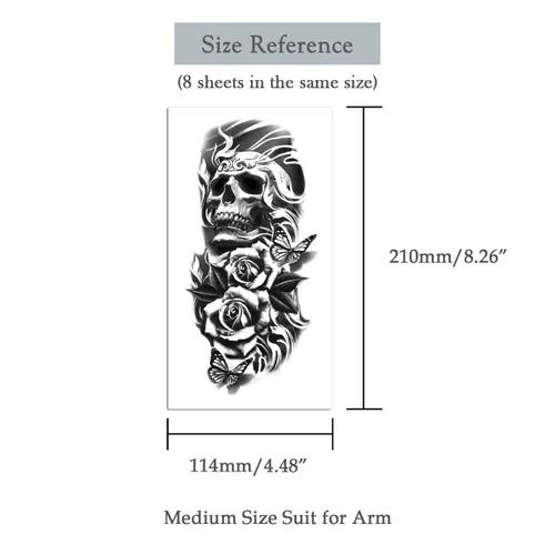 Miniatura 3 de 8 hojas de tatuajes temporales de calavera gótica para adultos, diseño de calavera alada, rosa, parca y ojo falso, arte corporal impermeable