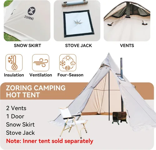 Miniatura 3 de Hot Tent with Stove Jack, 4 Season 3-4 Person Tipi Tent for Camping, 8.2ft Standing Room with Snow Skirt, Cold Weather Shelter for Family Fishing
