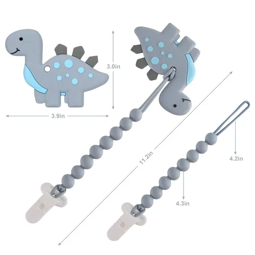 Miniatura 4 de Juguetes de dentición para bebés de 3-6 6-12 meses, juguete mordedor de dinosaurio para alivio del dolor con diseño de una pieza, conjunto de clip