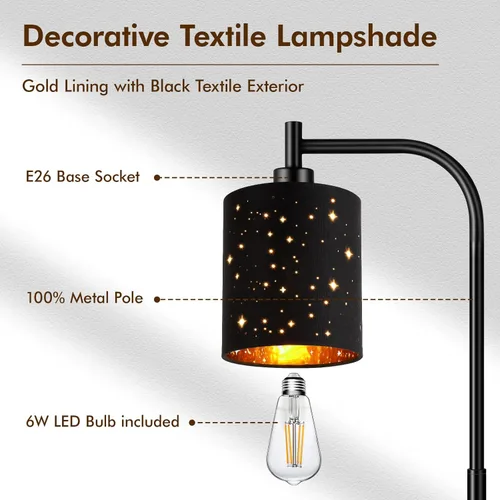 Miniatura 4 de Lámpara de pie industrial gótica con pantalla cortada láser estrellada, lámpara de pie de metal negro de 67 pulgadas con bombilla LED de 6 W