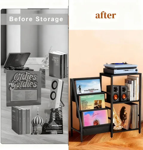 Miniatura 5 de Soporte para tocadiscos, soporte para tocadiscos con almacenamiento de discos de vinilo, soportes para tocadiscos, mesa auxiliar marrón para sala