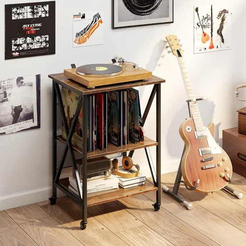 Miniatura 2 de Giantex Soporte para tocadiscos con estación de carga, soporte para tocadiscos con almacenamiento de discos y 4 ruedas rodantes, mesa