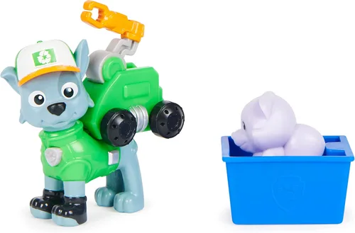 PAW Patrol Big Truck Pups - Figura de acción Rocky con dron de rescate con plataforma central de comando de montaje en clic y amigo animal