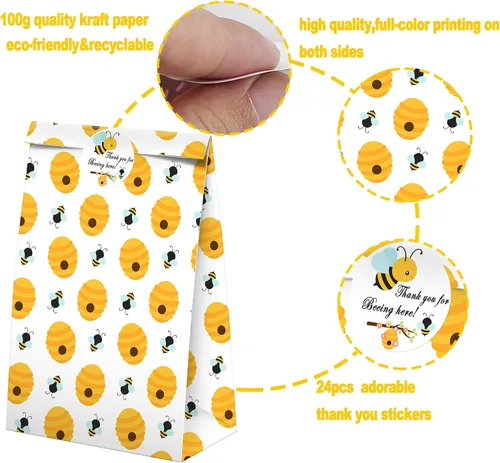 Miniatura 5 de Bumble Bee - 24 bolsas de golosinas para fiesta de abejorros con calcomanías, bolsas de regalo de abeja de miel, suministros para fiestas