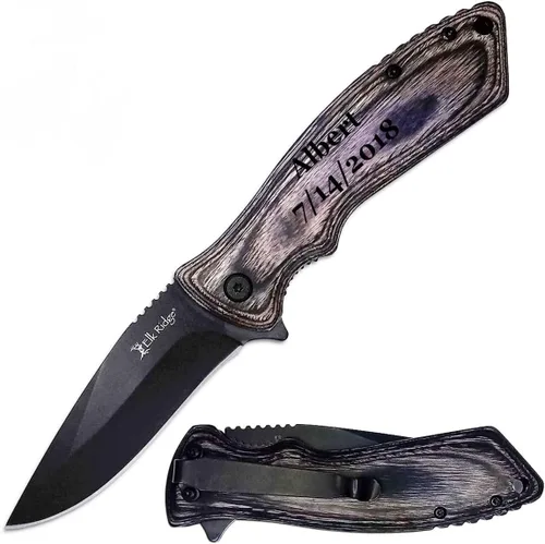 Blue Steel Navaja de bolsillo personalizada grabada con láser con hoja lavada a la piedra, mango de madera marrón con clip de bolsillo, regalo para