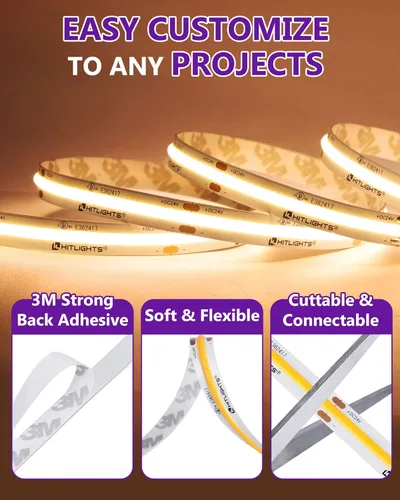 Miniatura 6 de HitLights - Tira de luces LED COB de color blanco cálido de 3000 K, cinta de luz de alta densidad de 32.8 pies de 24 V, 5120 LED, 350+ lm/pies, CRI