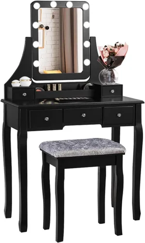 Miniatura 10 de COSTWAY Juego de escritorio de tocador con espejo iluminado, escritorio giratorio de 360° con 10 bombillas LED, tocador de maquillaje con 5 cajones