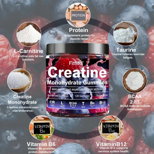 Miniatura 3 de Gomitas de Complejo de Monohidrato de Creatina 8000mg para Hombres y Mujeres, Contiene L-carnitina y Taurina, Desarrolla Músculo, Aumenta