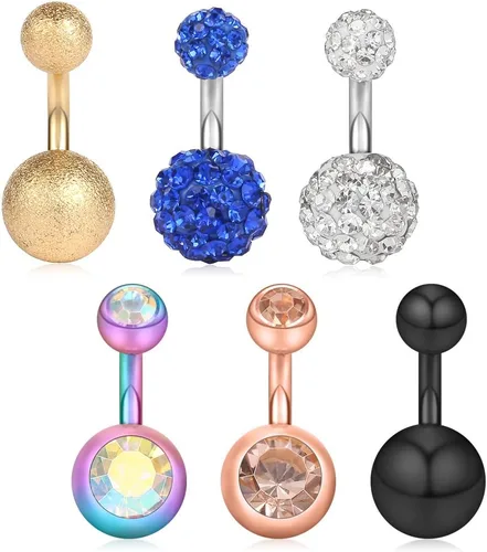 Miniatura 17 de Ruifan 14G 0.236 in 1/4 pulgadas 316L Acero quirúrgico cristal ferido CZ corto ombligo aretes de ombligo anillos de botón 4-6 piezas