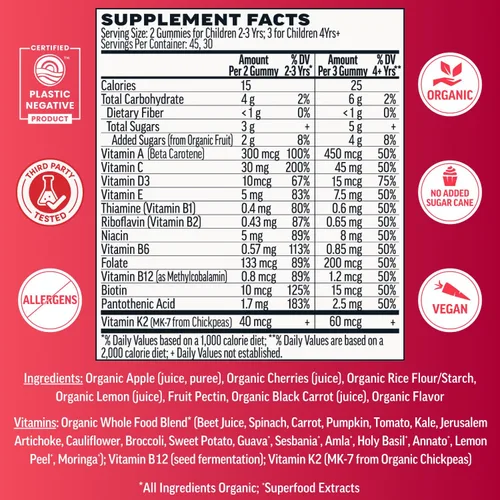 Miniatura 4 de Llama Naturals - Vitaminas en gomitas de fruta real para niños, sin caña de azúcar añadida, betacarotenos, multivitamínico de alimentos integrales
