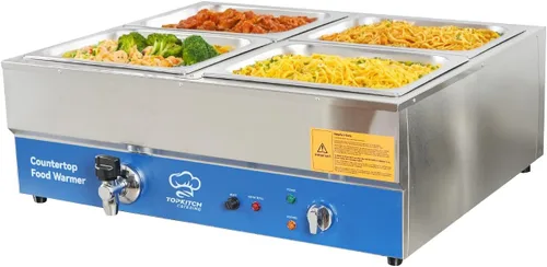 Miniatura 9 de TOPKITCH Calentador de alimentos comercial de 6 bandejas, Baño María eléctrico de acero inoxidable para encimera, mesa de vapor para buffet