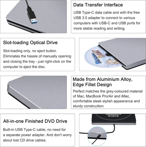 Miniatura 4 de Unidad de CD externa para Mac: USB C reproductor de grabadora de DVD SuperDrive para portátil Windows Apple Plug & Play Copia de seguridad de datos