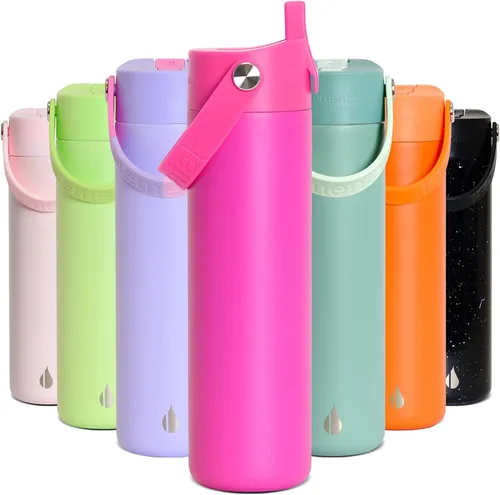 Miniatura 20 de Elemental Botella de agua aislada de 24 onzas con popote, botellas de agua con núcleo de acero inoxidable 100% a prueba de fugas para viajes, Beige