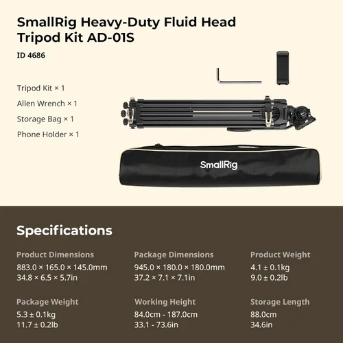 Miniatura 9 de SmallRig AD-01S - Trípode de video resistente de 74 pulgadas con cabezal fluido de inclinación y panorámica, placa de liberación rápida de modo
