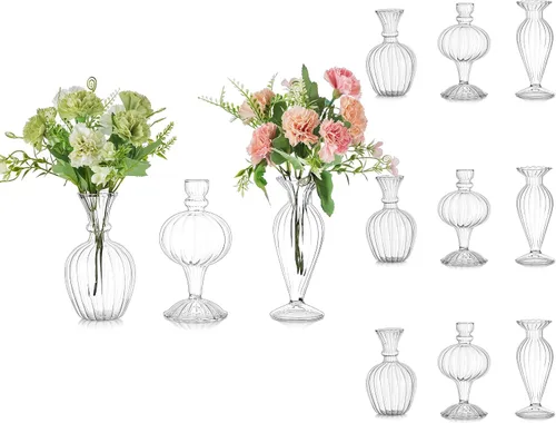 Miniatura 10 de Glasseam Jarrones pequeños de cristal: juego de 3 jarrones transparentes acanalados para flores de rosas individuales, mini centros de mesa modernos