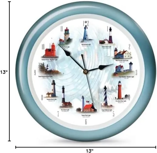 Mark Feldstein & Associates Lighthouse Collection Reloj de pared con sonidos náuticos y oceánicos, 13 pulgadas, azul, 12 sonidos en la hora