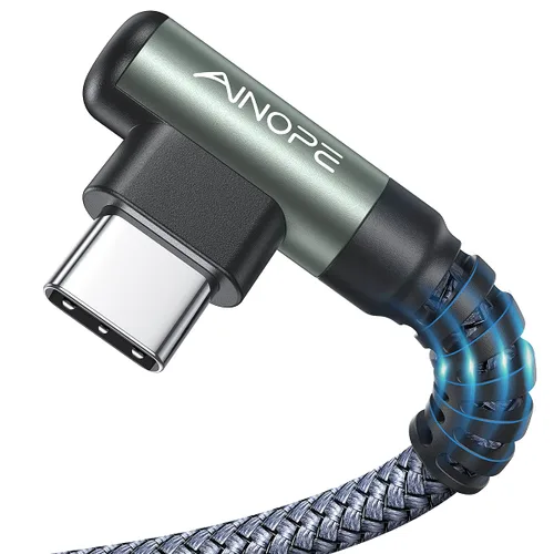 AINOPE Cable USB a USB C [2 unidades, 6.6 pies] 3.1A tipo C cargador de carga rápida, cable USB C en ángulo recto para iPhone 17 Carplay, Galaxy Gris