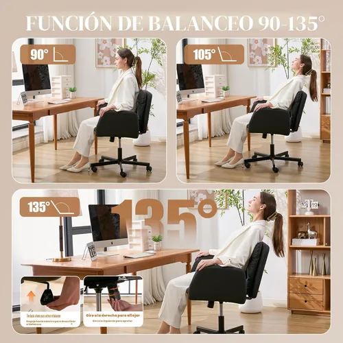 Miniatura 8 de Silla cruzada con brazos abatibles y ruedas giratorias, silla de tocador con altura ajustable y bolsillos laterales, cómodo asiento ancho Negro