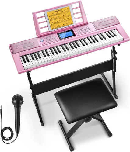 Teclado de piano Donner 61 teclas, kit de teclado eléctrico con 249 voces, 249 ritmos - Incluye atril de piano, taburete, micrófono, regalo para Rosa