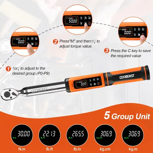 Miniatura 4 de coobeast Llave dinamométrica digital, llave dinamométrica electrónica de accionamiento de 3/8 con valor preestablecido