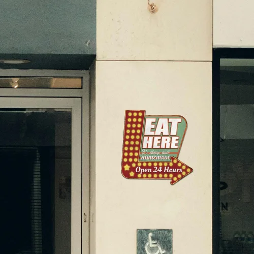 Miniatura 6 de SUPERDANT Letreros de metal con texto en inglés «Eat Here» «Eat Here», letrero de metal abierto las 24 horas, letrero de flecha de comida que apunta