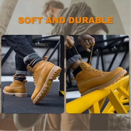 Miniatura 5 de Botas de trabajo para hombre, impermeables, con puntera suave, antideslizantes, cómodas, botas de trabajo de cuero Trigo