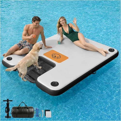 Miniatura 11 de AWEMUFA Muelle flotante inflable con rampa de 5 pies/6 pies/8 pies/10 pies, plataforma flotante flotante, tapete flotante de isla flotante, flotador