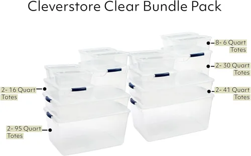 Miniatura 2 de Rubbermaid Cleverstore Clear Dorm Variety 16-Pack, Hecho en EE. UU., Contenedores de almacenamiento grandes transparentes apilables con tapas