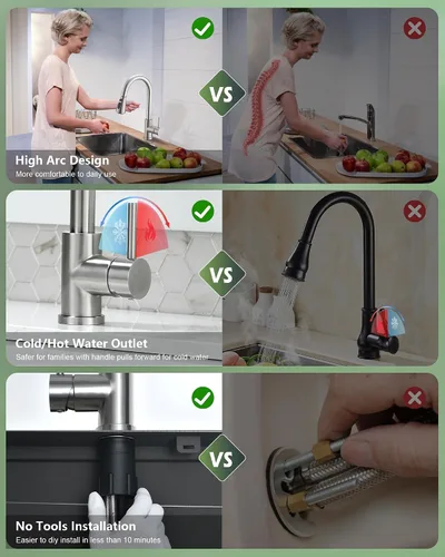 Miniatura 4 de VFAUOSIT - Grifo de cocina con rociador extraíble, grifo de fregadero de cocina sin plomo, níquel cepillado, acero inoxidable, arco alto, extracción