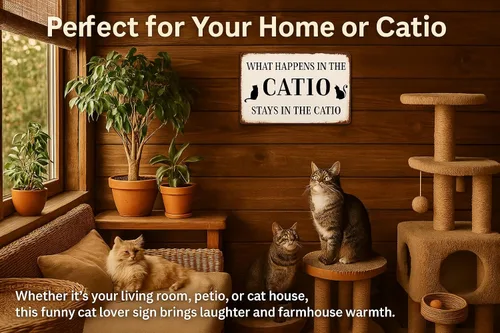 Miniatura 2 de Cartel de metal con diseño de hojalata de amante de gatos, "What Happens In The Catio Stays In The Catio", cartel divertido para casa de gatos
