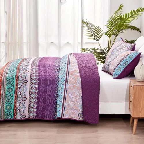 Miniatura 3 de WONGS BEDDING Juego de Colcha Morada Tamaño King, Juego de Colchas Bohemias a Rayas de 3 Piezas, Colcha Ligera de Microfibra para Todas las Púrpura
