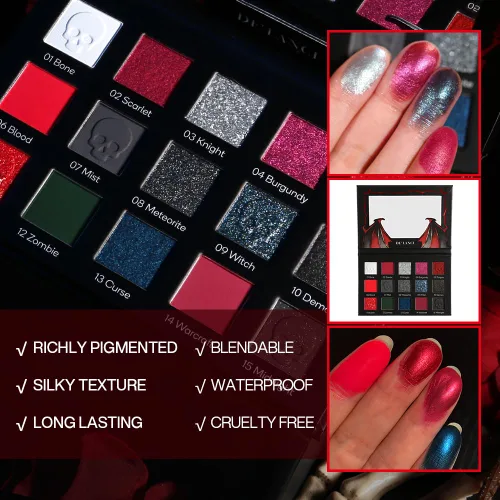 Miniatura 3 de Paleta de sombras de ojos roja y negra, maquillaje gótico rojo de Halloween Paleta de sombras de ojos negra con brillo plateado y purpurina, crema