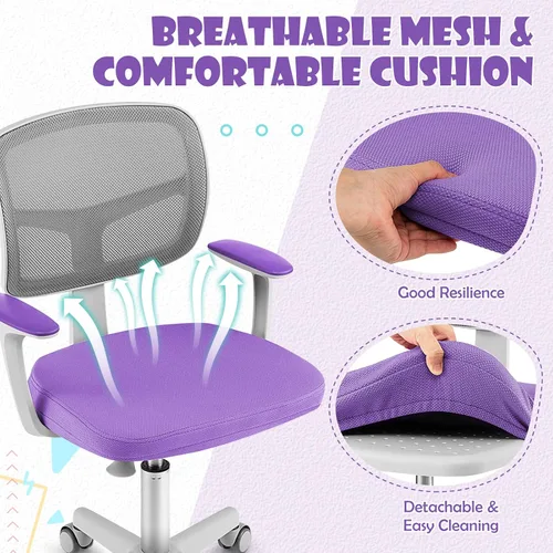 Miniatura 6 de GLACER Silla de escritorio para niños, silla de estudio giratoria de malla ajustable con ruedas, brazos, silla ergonómica para computadora