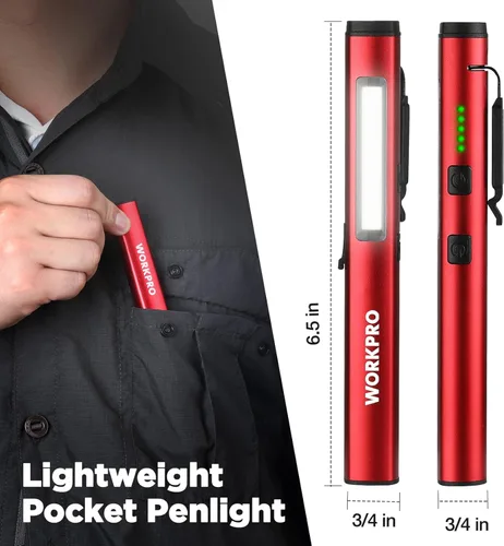 Miniatura 5 de WORKPRO Linterna tipo bolígrafo recargable, linterna LED de 450 lúmenes con luz negra UV de 365 nm, linterna multifuncional para mecánico, Rojo