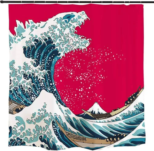 Ofat Home Godzilla and The Great Wave Off Kanagawa - Juego de cortinas de ducha con ganchos, accesorios de baño de pintura japonesa Hokusai, no