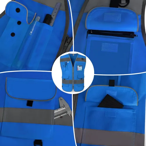 Miniatura 4 de TCCFCCT Chaleco de seguridad azul para hombres y mujeres, chaleco reflectante de alta visibilidad con 9 bolsillos para seguridad, chaleco de trabajo