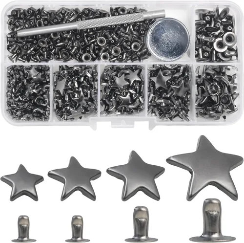 YORANYO Juego de 200 remaches de cuero, tamaños mixtos, tachuelas de estrella para ropa, remaches de bronce con herramienta de manualidades para