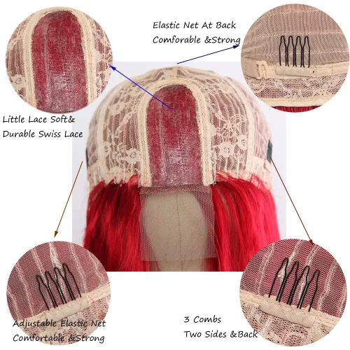 Miniatura 8 de Peluca de cabello sintético ondulado rojo con raya en el medio, peluca de encaje ondulado natural rojo de 24 pulgadas para mujer, para uso diario